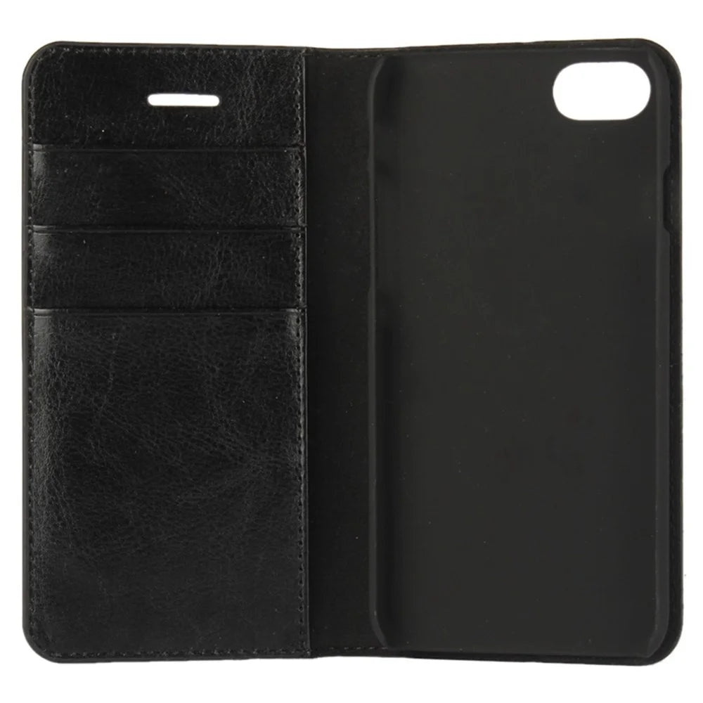 For iPhone SE (2020)/SE (2022)/8/7 4.7 inch Oiled-edging Crazy Horse Genuine Leather Attached Hard PC Inner Case Wallet Stand Flip Phone Cover - Black - 7