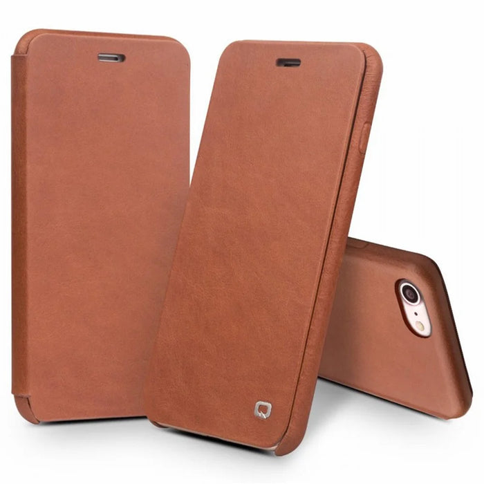 QIALINO Ultra-thin Top-layer Cowhide Genuine Leather Flip Cover for iPhone SE (2nd Generation)/8/7 - Light Brown - 2