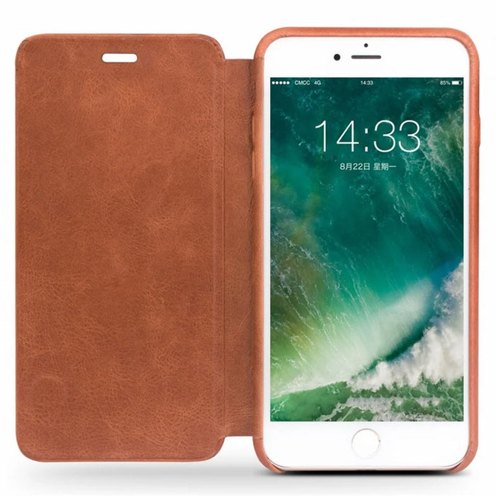 QIALINO Ultra-thin Top-layer Cowhide Genuine Leather Flip Cover for iPhone SE (2nd Generation)/8/7 - Light Brown - 3
