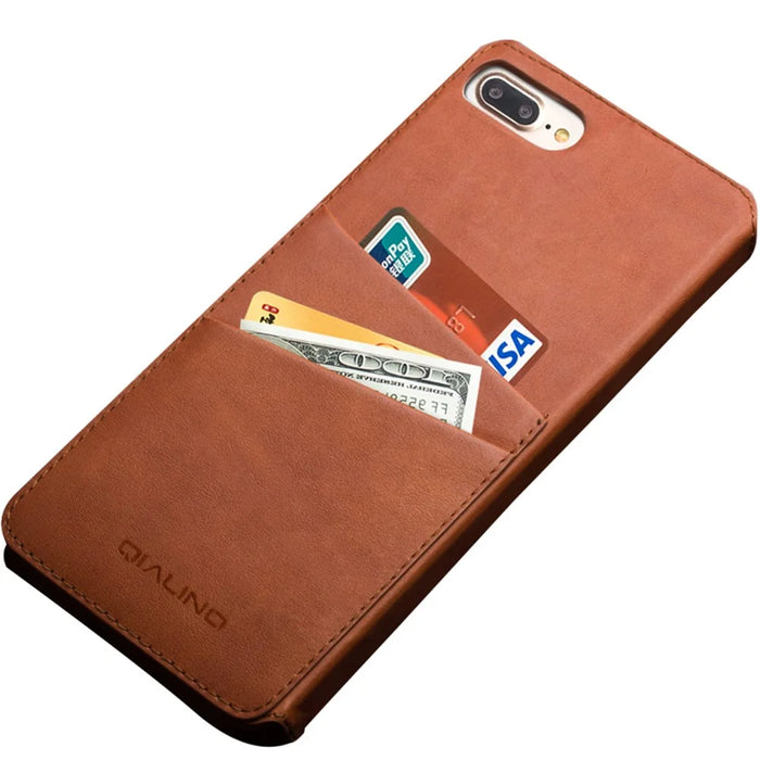 QIALINO for iPhone 8 Plus / 7 Plus Retro Folio Cowhide Leather Phone Shell with Card Slots - Brown - 6