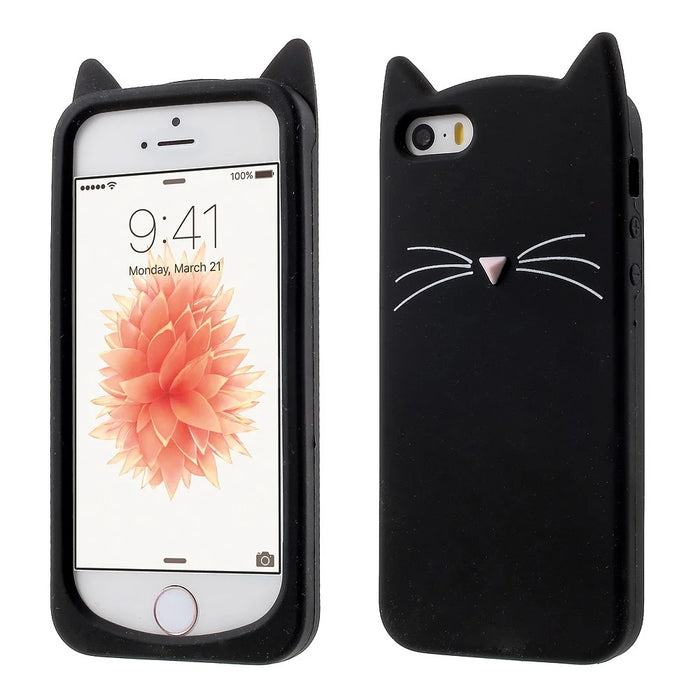 3D Bearded Cat Silicone Soft Phone Cover for iPhone SE 5s 5 - Black - 1