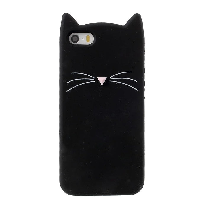 3D Bearded Cat Silicone Soft Phone Cover for iPhone SE 5s 5 - Black - 2