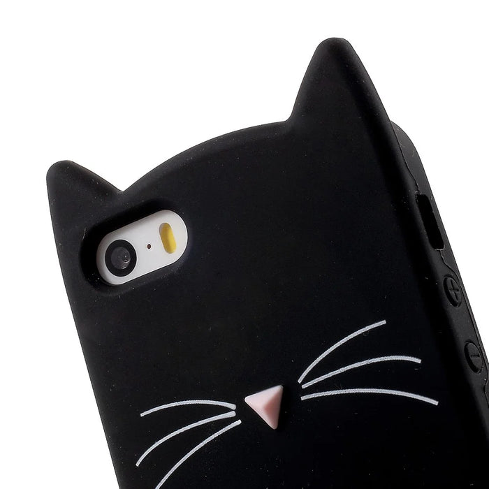 3D Bearded Cat Silicone Soft Phone Cover for iPhone SE 5s 5 - Black - 5