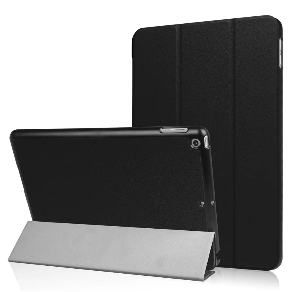 For iPad 9.7 (2018) / 9.7 (2017) Tri-fold Stand Lightweight Full Protection Smart Leather Tablet Case Cover - Black - 1