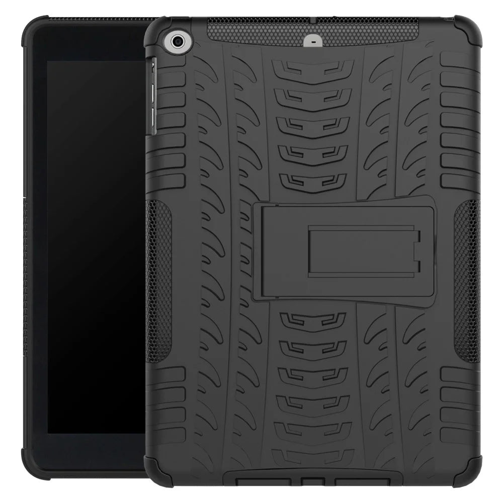 For iPad 9.7 (2018) / 9.7 (2017) Tyre Pattern Kickstand Hybrid PC + TPU Protective Case - Black - 2