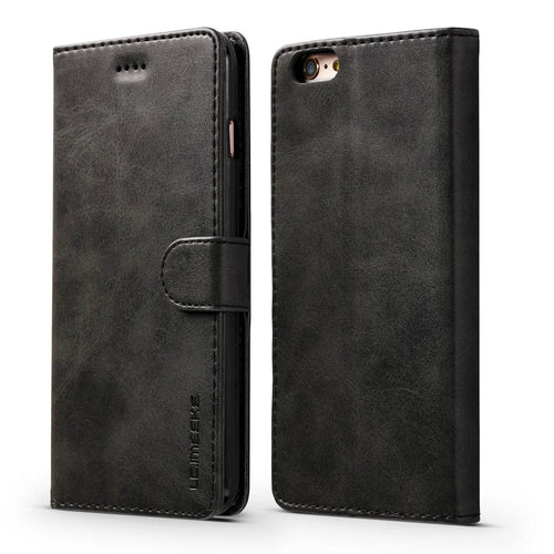 LC.IMEEKE Textured PU Leather Wallet Phone Casing for iPhone 6s / 6 with Adjustable Foldable Stand - Black - 1