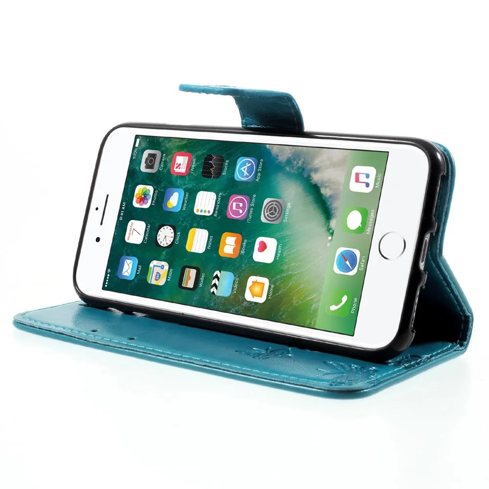 Imprint Butterfly Flower Magnetic Wallet PU Leather Stand Cell Phone Case for iPhone 7/8/SE (2020)/SE (2022) - Blue - 4