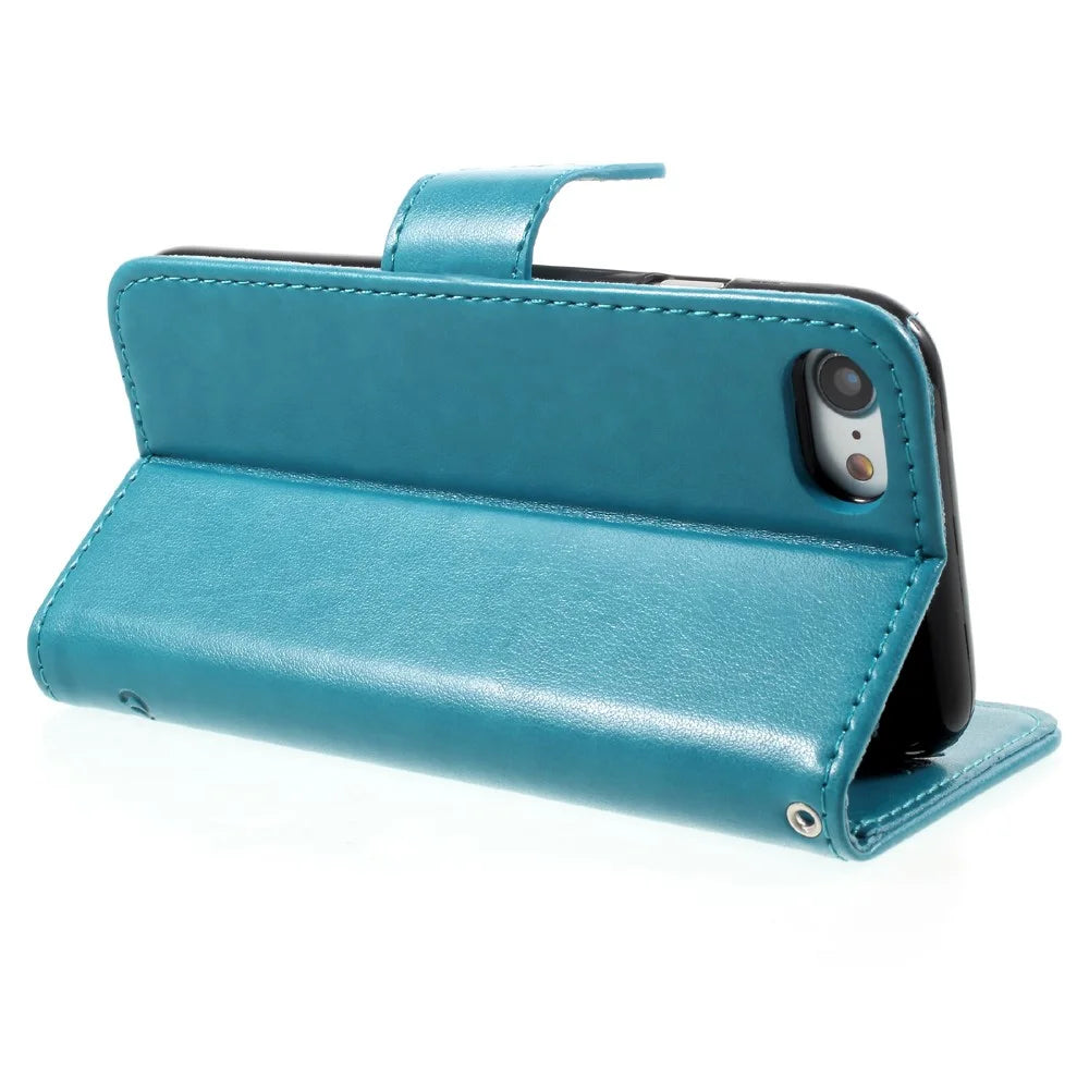 Imprint Butterfly Flower Magnetic Wallet PU Leather Stand Cell Phone Case for iPhone 7/8/SE (2020)/SE (2022) - Blue - 5