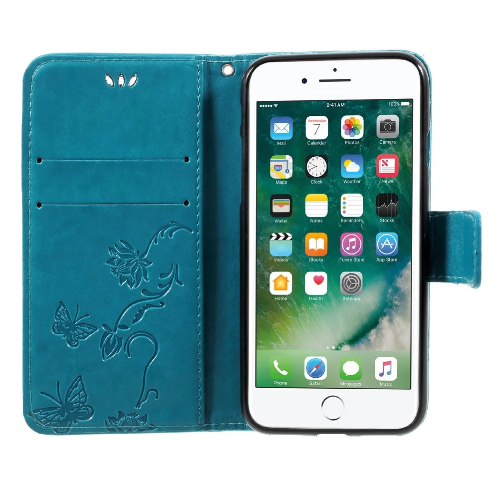 Imprint Butterfly Flower Magnetic Wallet PU Leather Stand Cell Phone Case for iPhone 7/8/SE (2020)/SE (2022) - Blue - 6