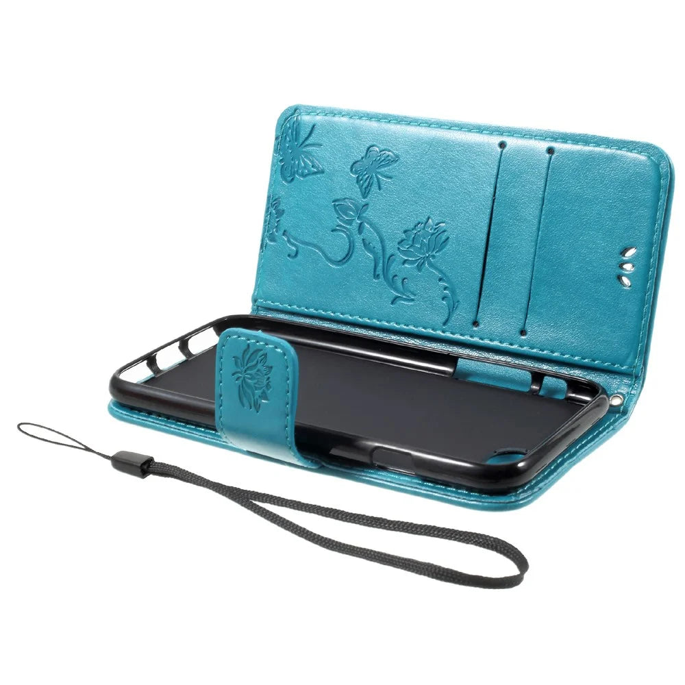 Imprint Butterfly Flower Magnetic Wallet PU Leather Stand Cell Phone Case for iPhone 7/8/SE (2020)/SE (2022) - Blue - 7
