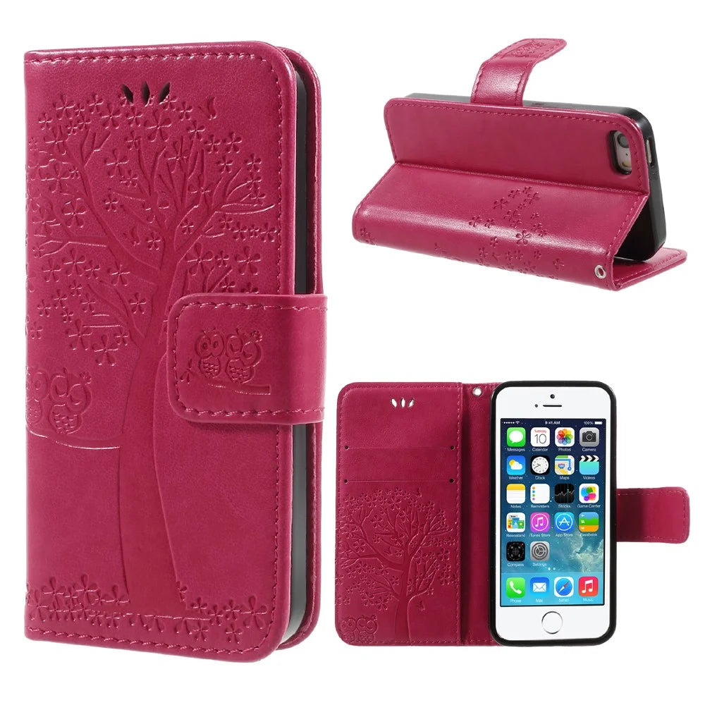 Imprint Tree Owl Magnetic Wallet PU Leather Stand Cover for iPhone 5 / 5s / SE - Rose - 1