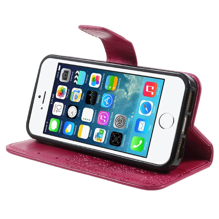 Imprint Tree Owl Magnetic Wallet PU Leather Stand Cover for iPhone 5 / 5s / SE - Rose - 4