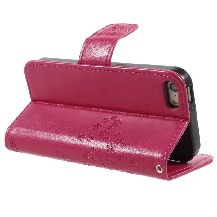 Imprint Tree Owl Magnetic Wallet PU Leather Stand Cover for iPhone 5 / 5s / SE - Rose - 5