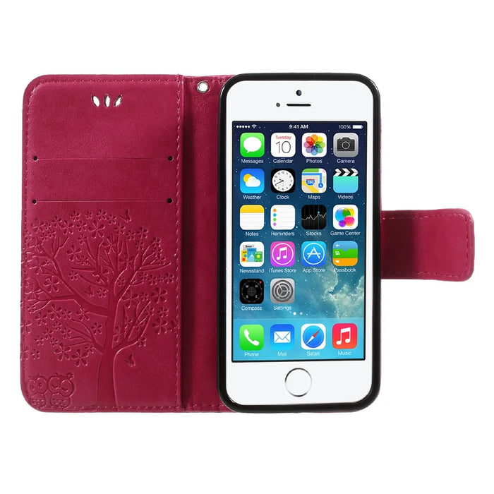 Imprint Tree Owl Magnetic Wallet PU Leather Stand Cover for iPhone 5 / 5s / SE - Rose - 6