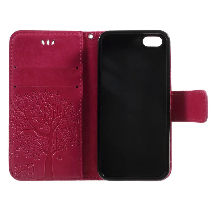 Imprint Tree Owl Magnetic Wallet PU Leather Stand Cover for iPhone 5 / 5s / SE - Rose - 7