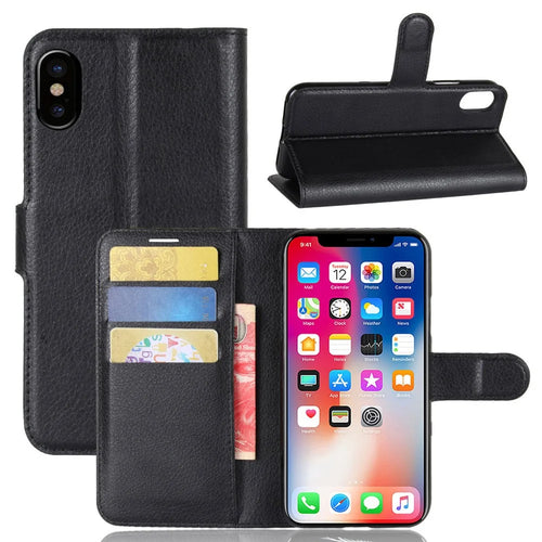 For iPhone Xs / X 5.8 inch Litchi Skin PU Leather Wallet Stand Protective Cell Phone Shell - Black - 1