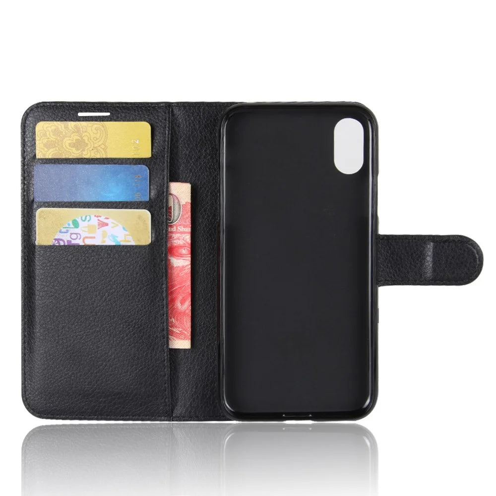 For iPhone Xs / X 5.8 inch Litchi Skin PU Leather Wallet Stand Protective Cell Phone Shell - Black - 3