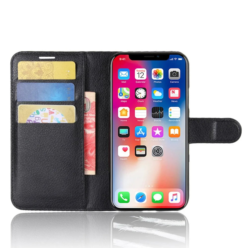 For iPhone Xs / X 5.8 inch Litchi Skin PU Leather Wallet Stand Protective Cell Phone Shell - Black - 4
