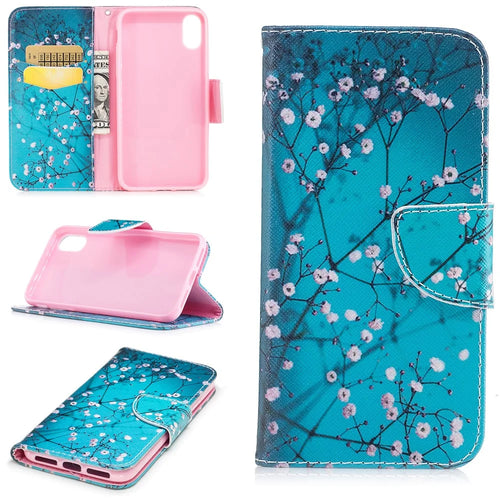 Pattern Printing Wallet Leather Stand Case for iPhone X / XS 5.8-inch - Tree with Flowers - 1