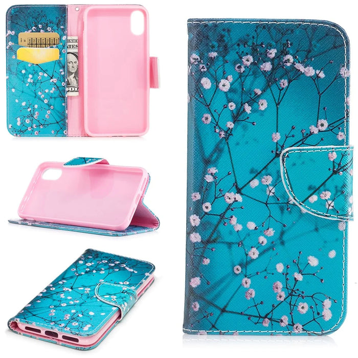 Pattern Printing Wallet Leather Stand Case for iPhone X / XS 5.8-inch - Tree with Flowers - 1