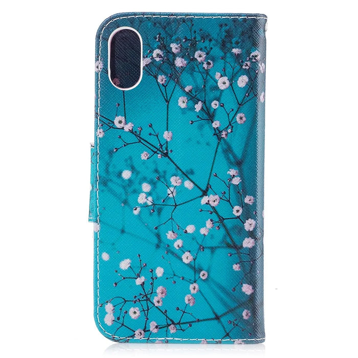 Pattern Printing Wallet Leather Stand Case for iPhone X / XS 5.8-inch - Tree with Flowers - 3