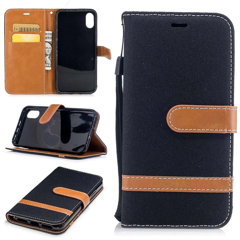 For iPhone X/XS 5.8-inch Two-tone Jean Cloth Leather Wallet Phone Protective Casing with Stand - Black - 1