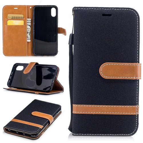For iPhone X/XS 5.8-inch Two-tone Jean Cloth Leather Wallet Phone Protective Casing with Stand - Black - 1