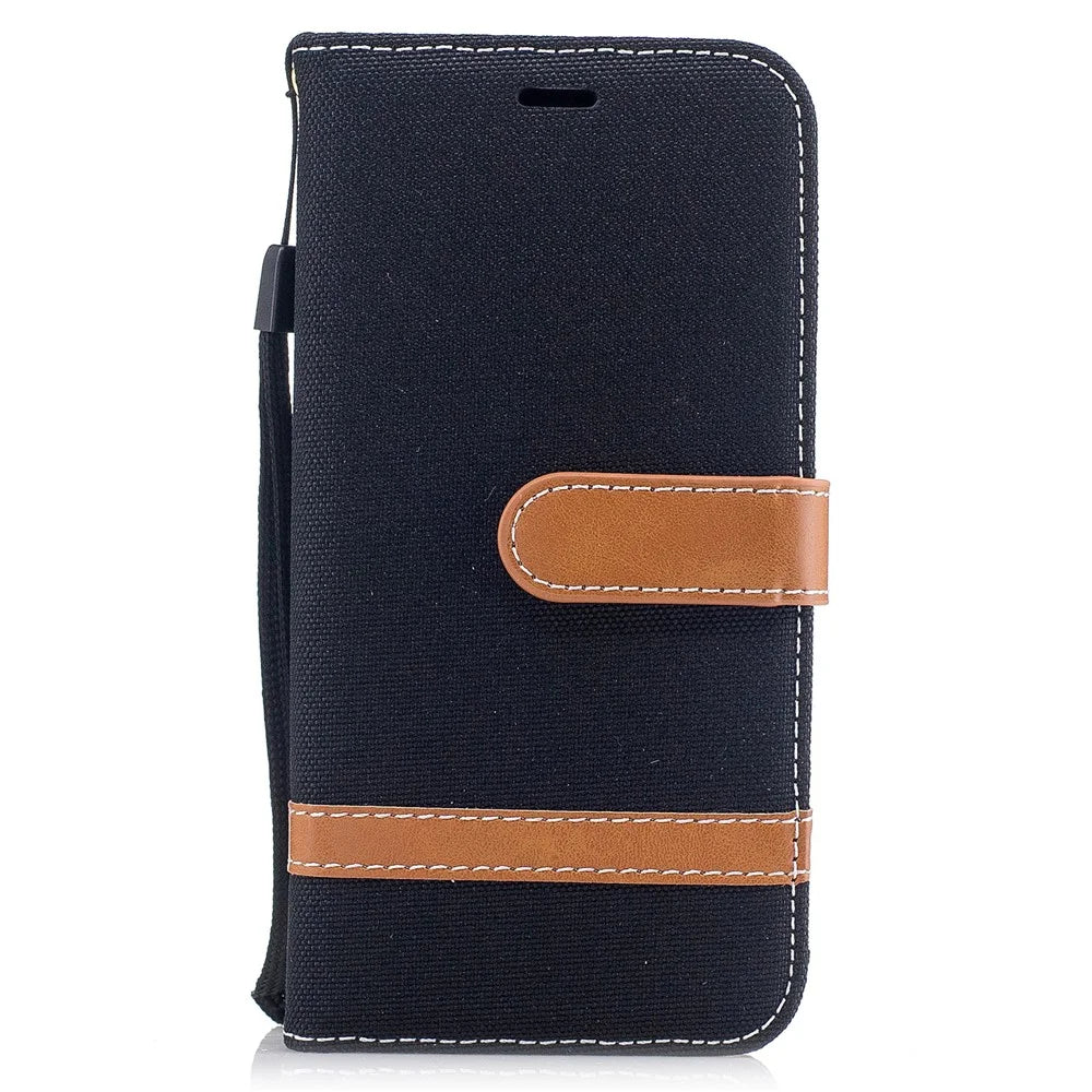 For iPhone X/XS 5.8-inch Two-tone Jean Cloth Leather Wallet Phone Protective Casing with Stand - Black - 2
