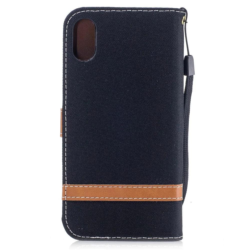 For iPhone X/XS 5.8-inch Two-tone Jean Cloth Leather Wallet Phone Protective Casing with Stand - Black - 3