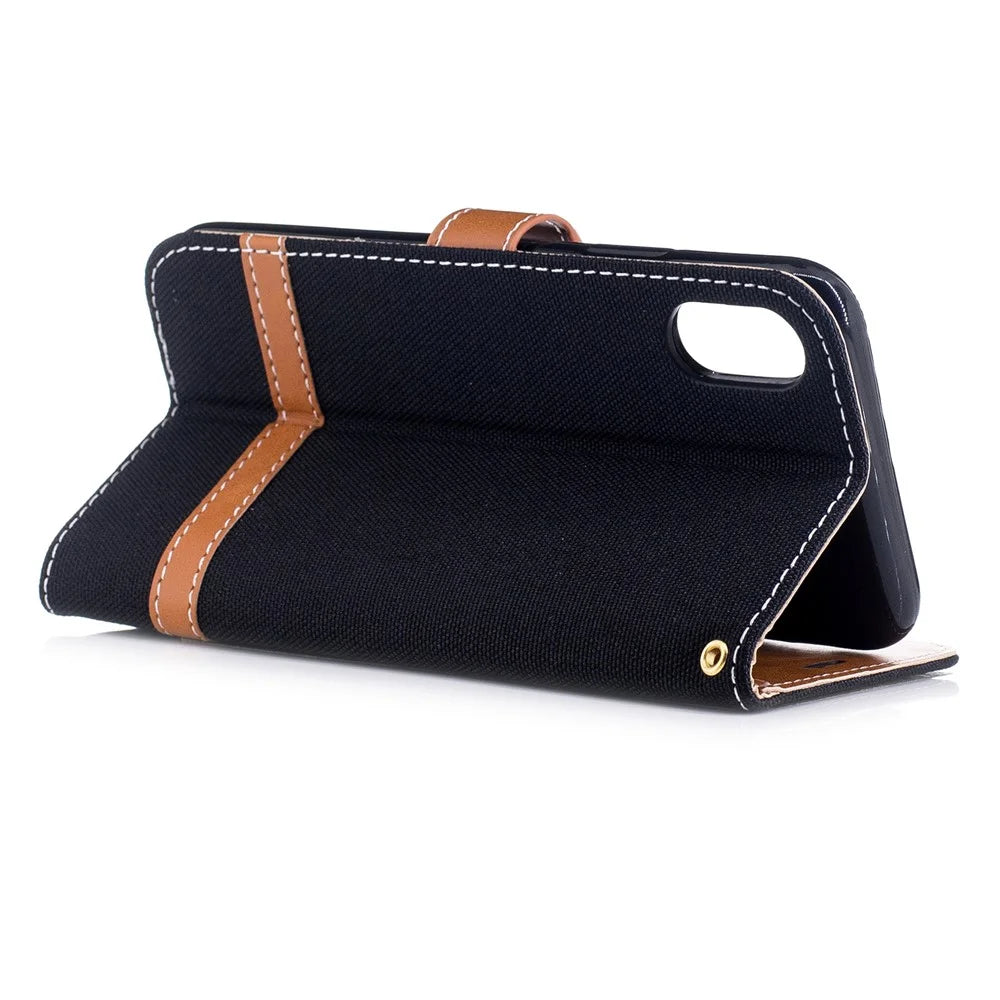For iPhone X/XS 5.8-inch Two-tone Jean Cloth Leather Wallet Phone Protective Casing with Stand - Black - 4
