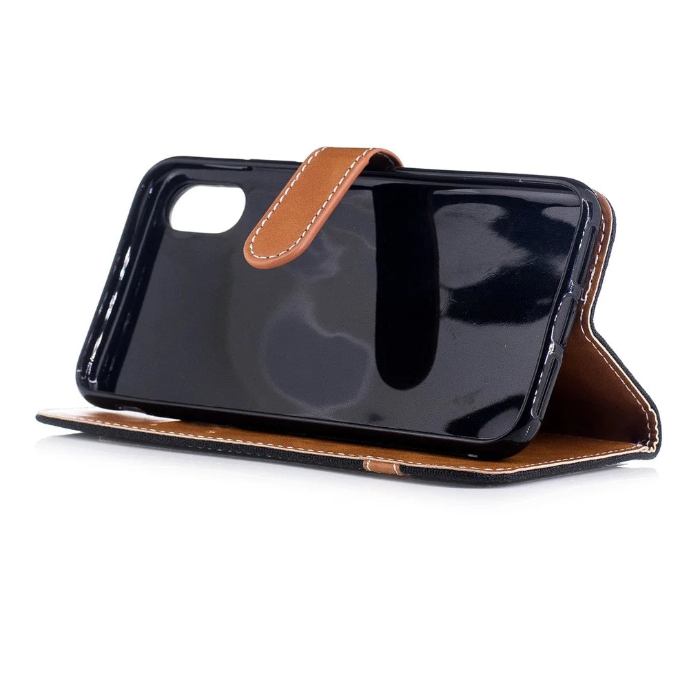 For iPhone X/XS 5.8-inch Two-tone Jean Cloth Leather Wallet Phone Protective Casing with Stand - Black - 5