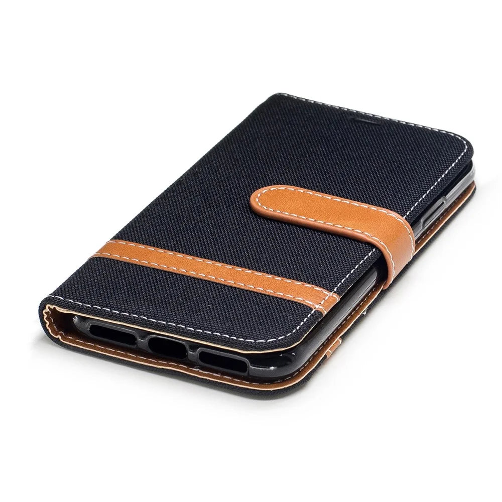 For iPhone X/XS 5.8-inch Two-tone Jean Cloth Leather Wallet Phone Protective Casing with Stand - Black - 6