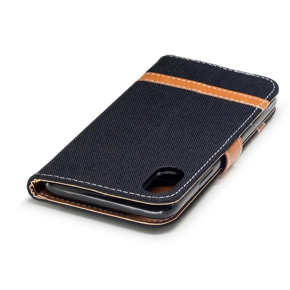 For iPhone X/XS 5.8-inch Two-tone Jean Cloth Leather Wallet Phone Protective Casing with Stand - Black - 7