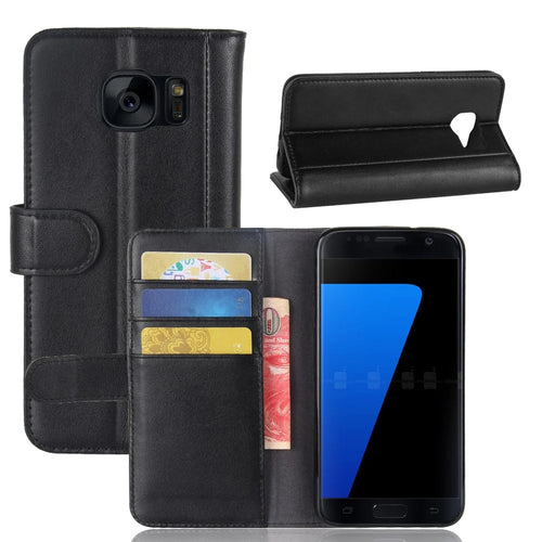 For Samsung Galaxy S7 SM-G930 Genuine Leather Wallet Stand  Protective Case Accessory - Black - 1