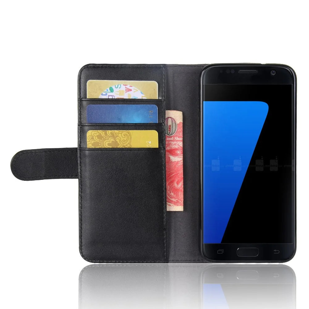 For Samsung Galaxy S7 SM-G930 Genuine Leather Wallet Stand  Protective Case Accessory - Black - 5