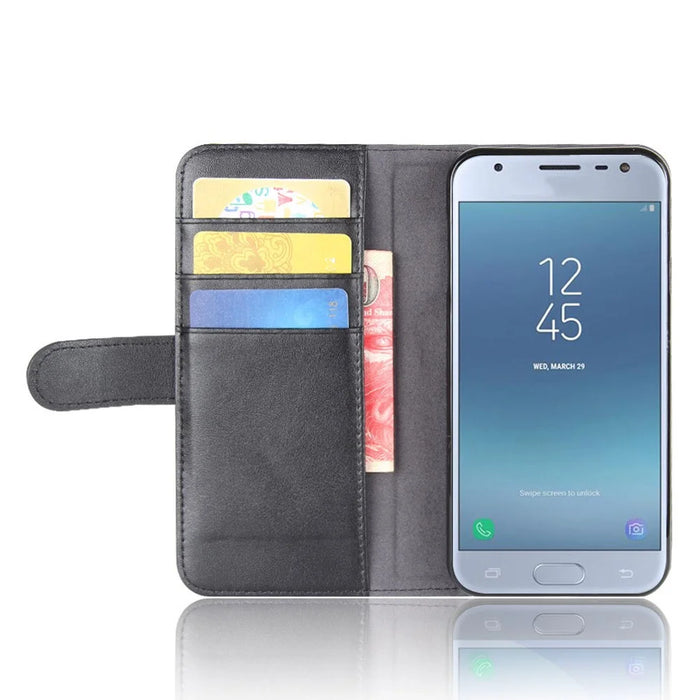Genuine Split Leather Wallet Stand Mobile Cover for Samsung Galaxy J3 (2017) EU Version / J3 Pro (2017) - Black - 5