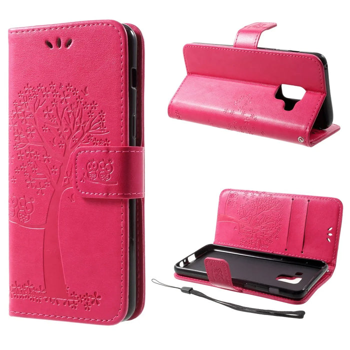 Imprint Tree and Owls Wallet PU Leather Case for Samsung Galaxy A8 (2018) - Red - 1