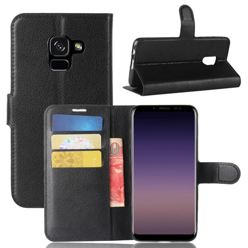 Litchi Skin PU Leather Wallet Stand Mobile Phone Case with Magnet for Samsung Galaxy A8 (2018) - Black - 1
