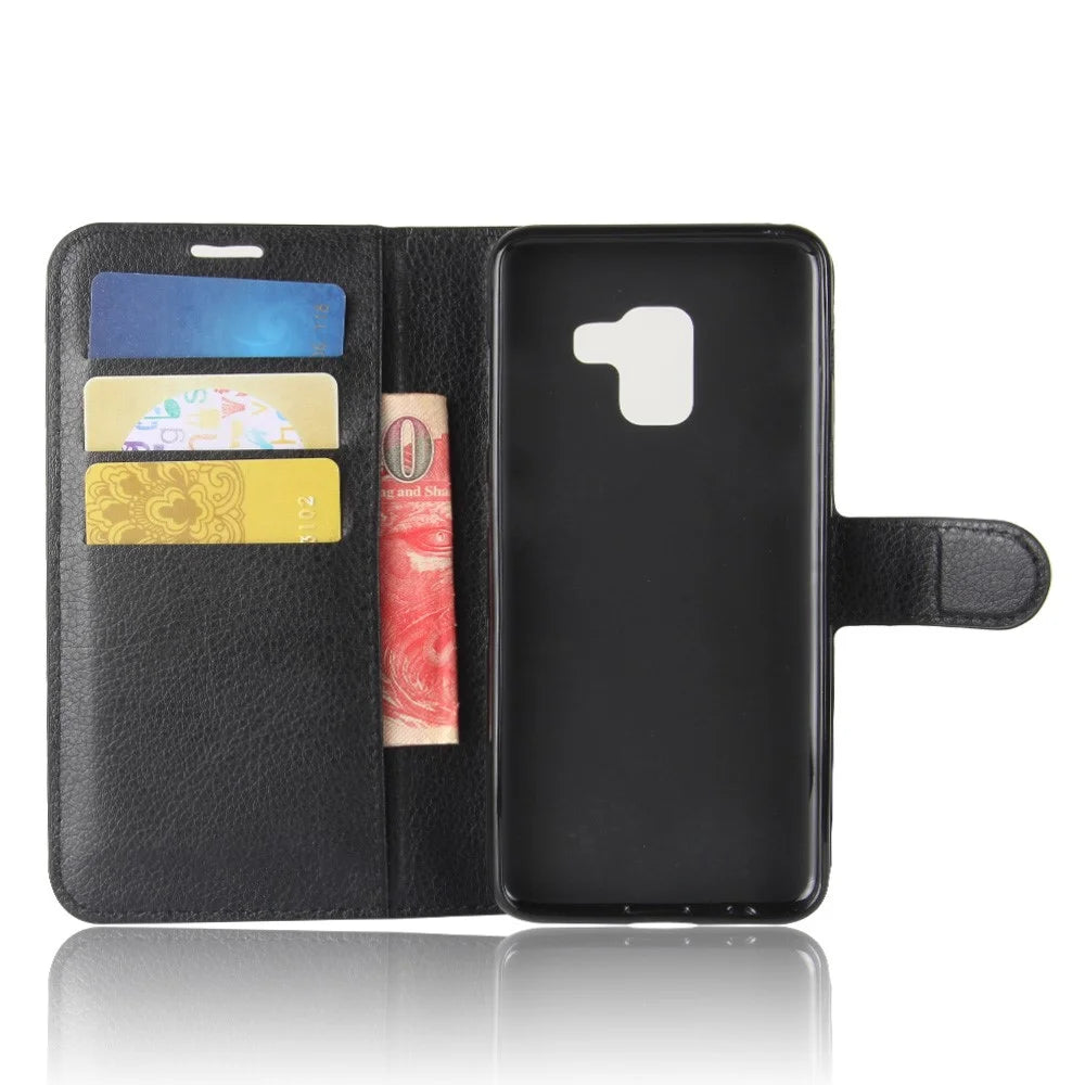 Litchi Skin PU Leather Wallet Stand Mobile Phone Case with Magnet for Samsung Galaxy A8 (2018) - Black - 3