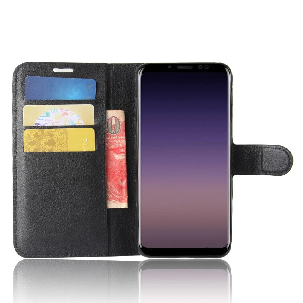 Litchi Skin PU Leather Wallet Stand Mobile Phone Case with Magnet for Samsung Galaxy A8 (2018) - Black - 4