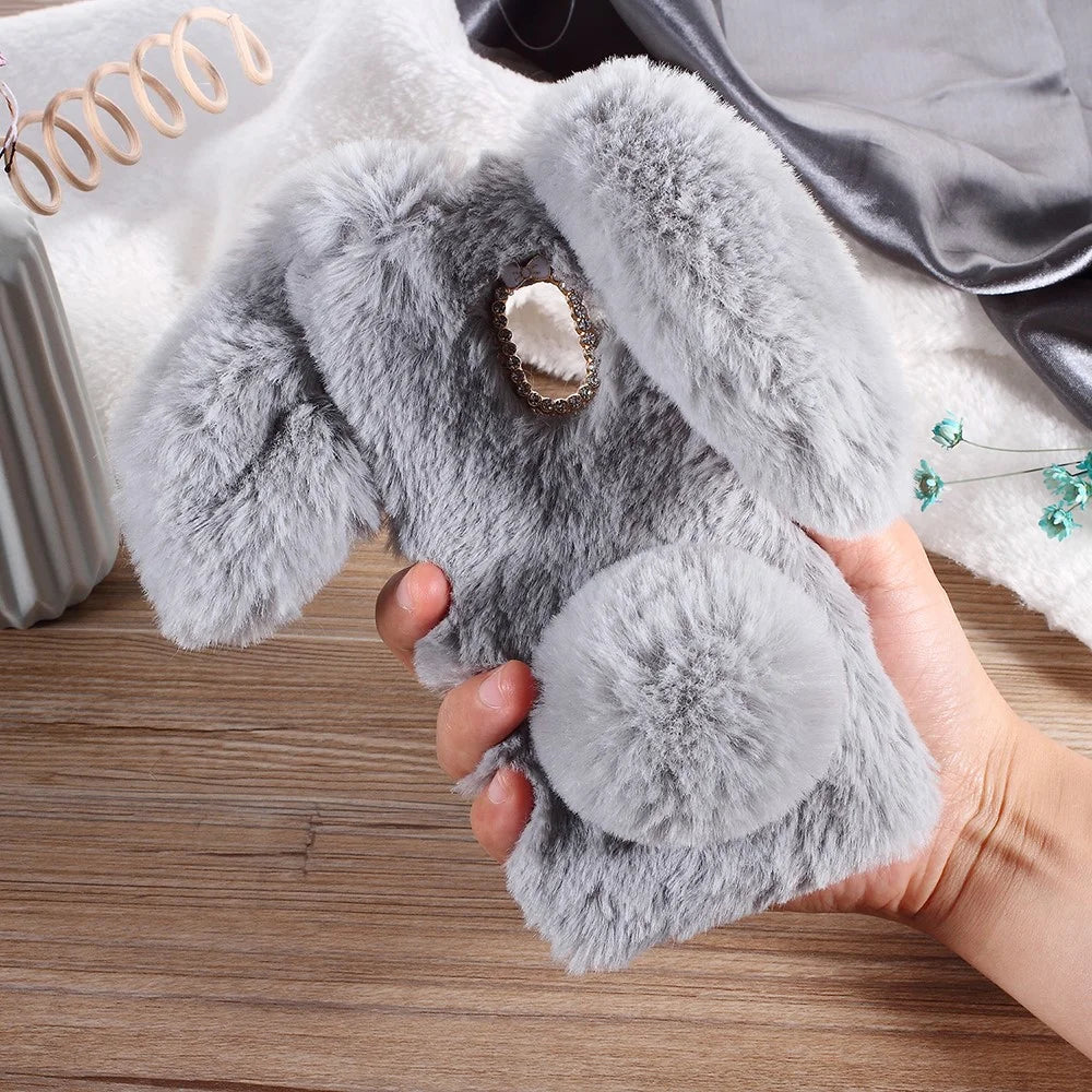 For Samsung Galaxy A8 (2018) Cute Rabbit Bunny Warm Fur Soft TPU Phone Case - Light Grey - 1