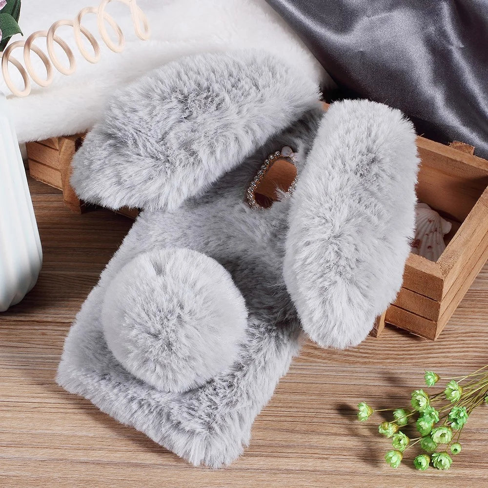 For Samsung Galaxy A8 (2018) Cute Rabbit Bunny Warm Fur Soft TPU Phone Case - Light Grey - 2