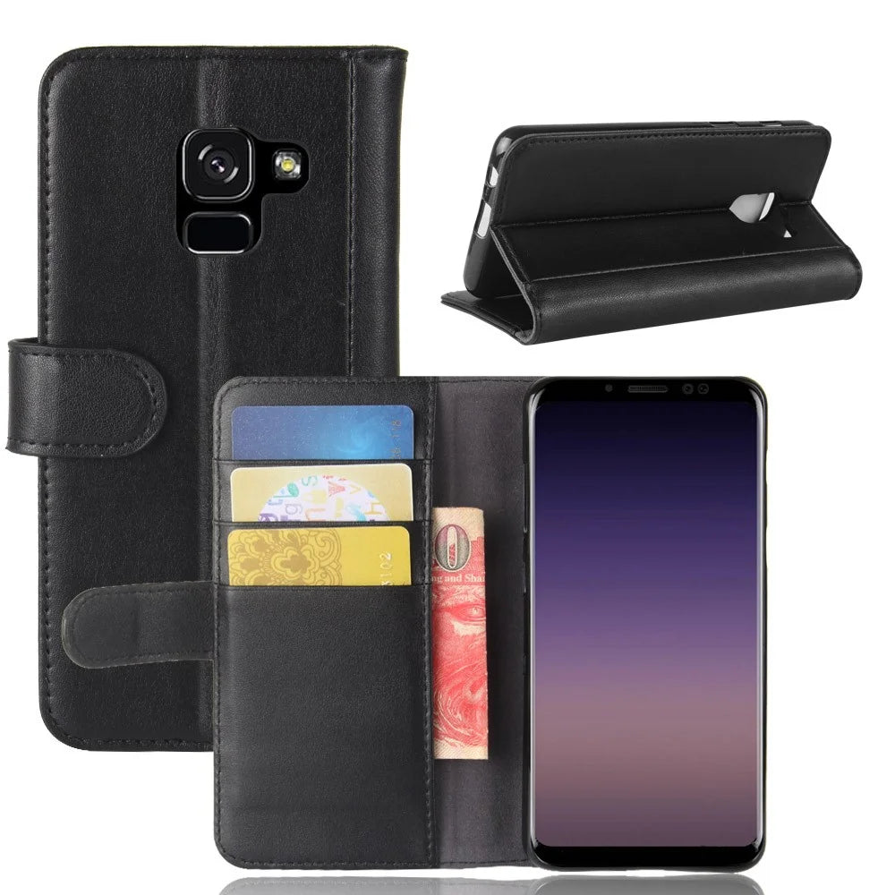 Genuine Leather Wallet Stand Phone Cover for Samsung Galaxy A8 (2018) Cell Phone Leather Shell - Black - 1