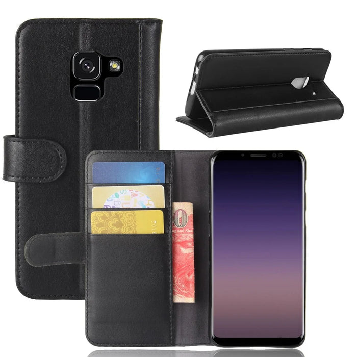 Genuine Leather Wallet Stand Phone Cover for Samsung Galaxy A8 (2018) Cell Phone Leather Shell - Black - 1