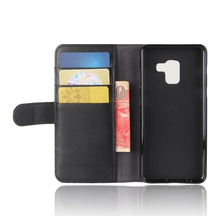 Genuine Leather Wallet Stand Phone Cover for Samsung Galaxy A8 (2018) Cell Phone Leather Shell - Black - 4