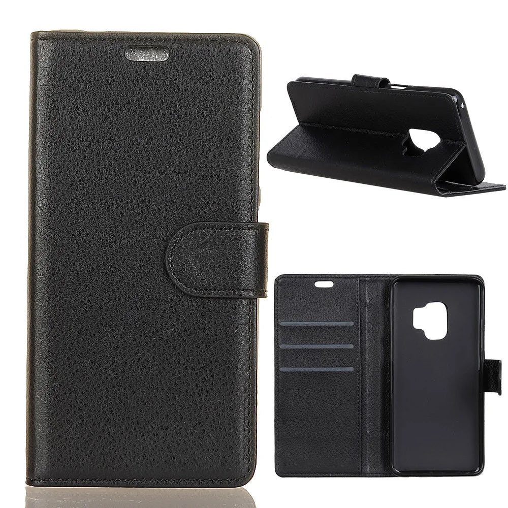 Phone Wallet Case for Samsung Galaxy S9 G960 PU Leather Phone Cover Drop-proof Flip Protector with Stand Litchi Texture - Black - 1