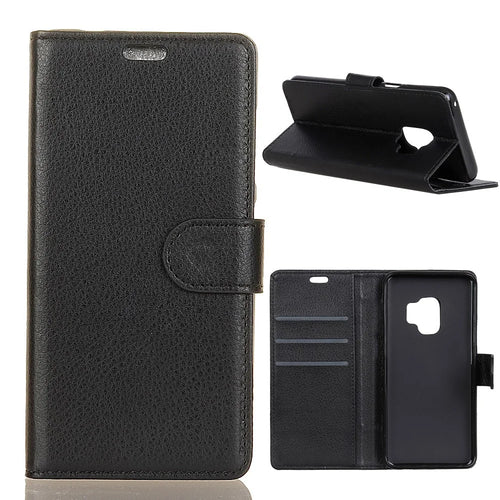 Phone Wallet Case for Samsung Galaxy S9 G960 PU Leather Phone Cover Drop-proof Flip Protector with Stand Litchi Texture - Black - 1
