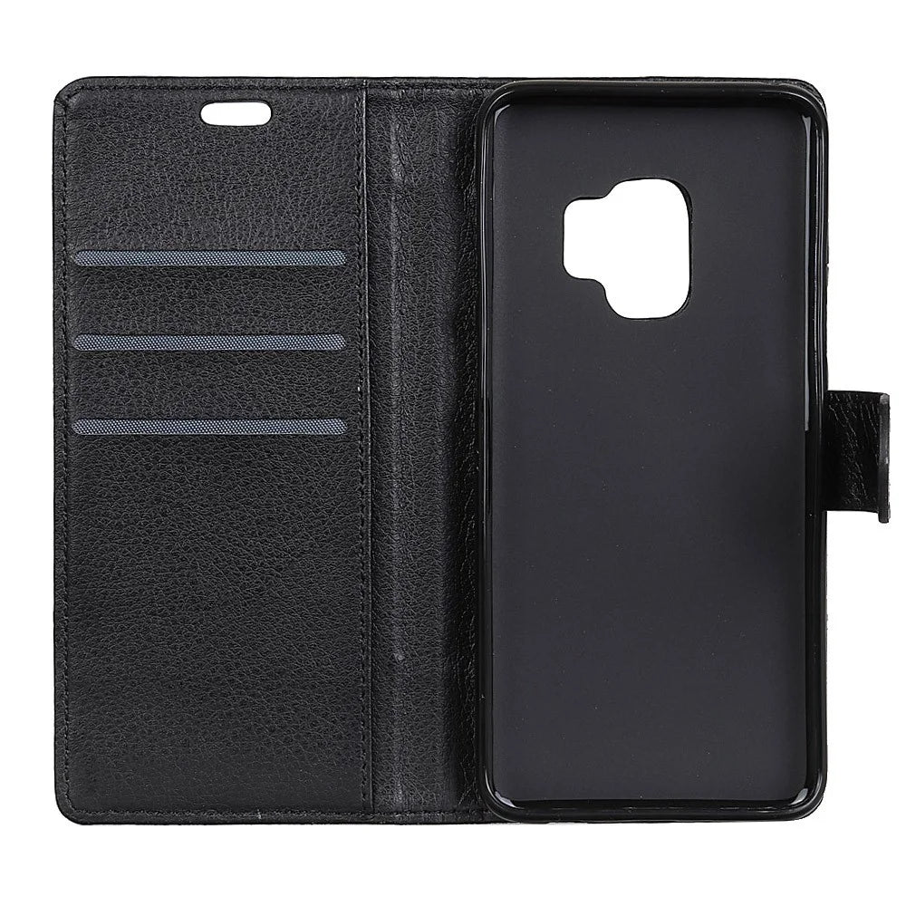 Phone Wallet Case for Samsung Galaxy S9 G960 PU Leather Phone Cover Drop-proof Flip Protector with Stand Litchi Texture - Black - 5