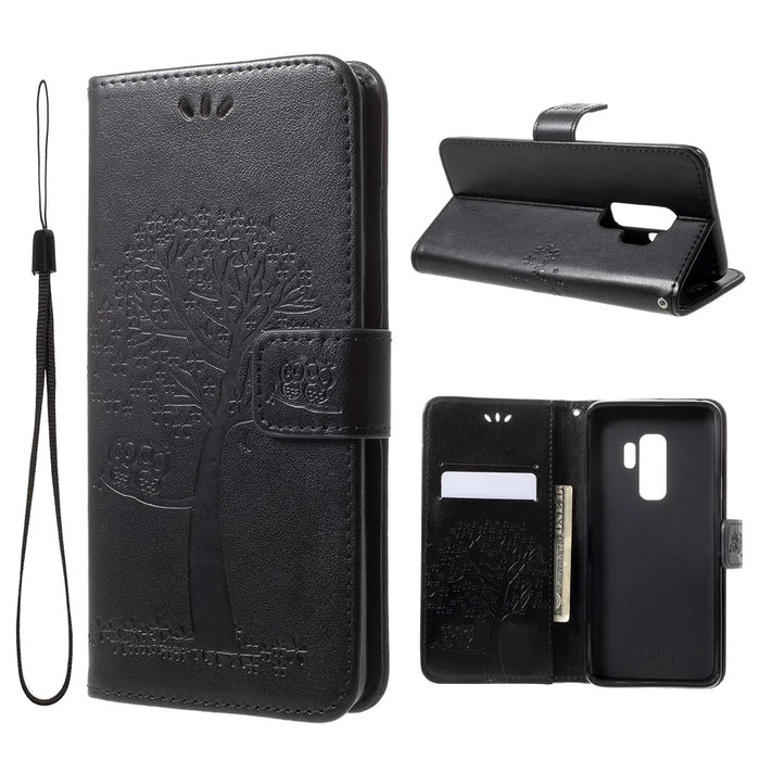 Imprint Tree Owl PU Leather Wallet Case with Strap for Samsung Galaxy S9+ G965 - Black - 1