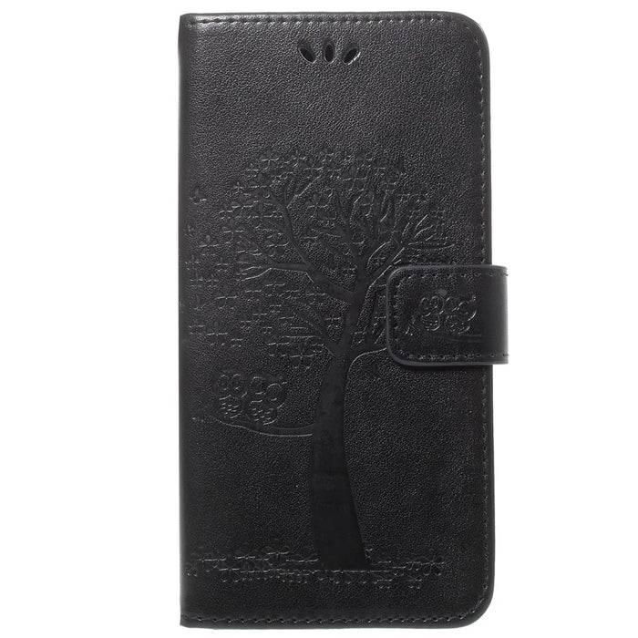 Imprint Tree Owl PU Leather Wallet Case with Strap for Samsung Galaxy S9+ G965 - Black - 2